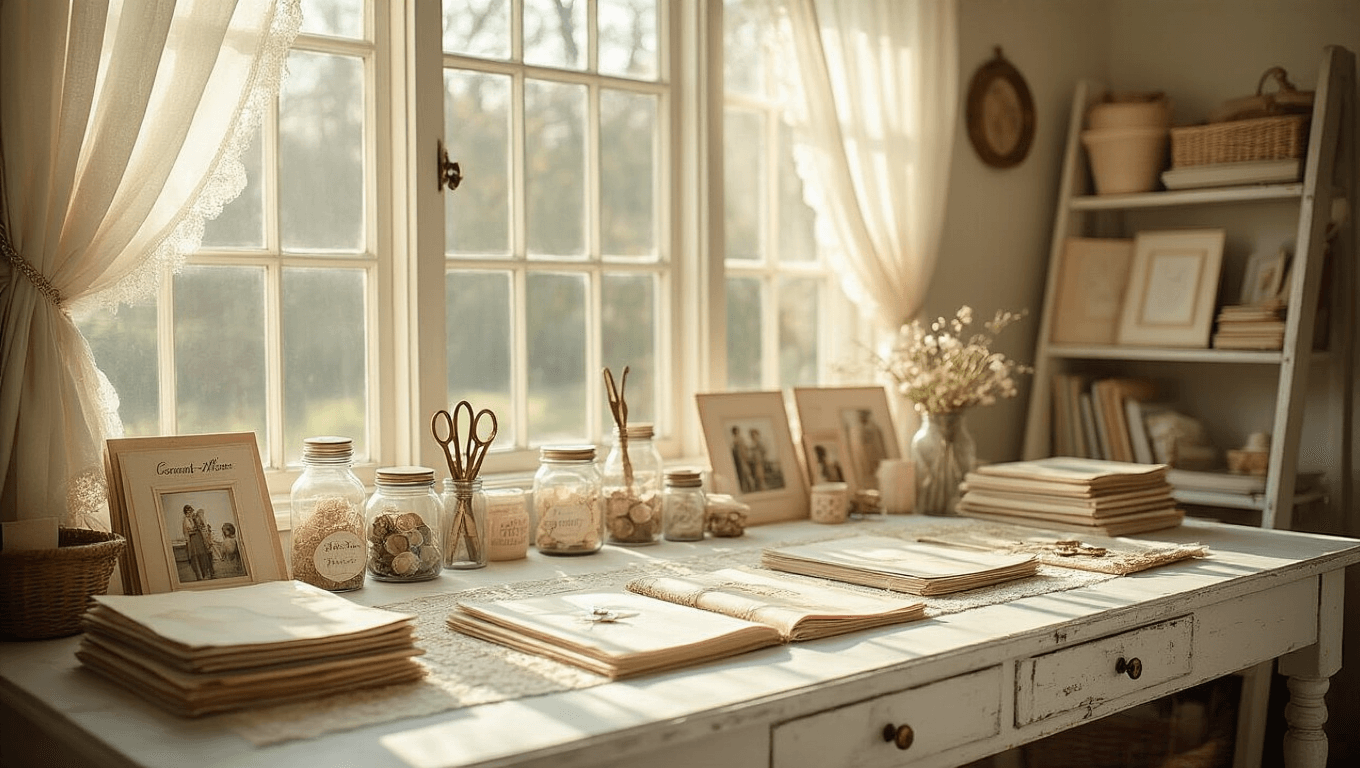 A bright craft room bathed in morning light, featuring a distressed white table with vintage scrapbooking supplies, open scrapbooks with family photos, a ladder shelf with completed pages, and warm wooden floors, all exuding a cozy, nostalgic atmosphere.