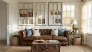 Transform Old Window Frames into Stunning Picture Frames: 5 DIY Ideas to Elevate Your Home Decor A sunlit farmhouse living room with a gallery wall of vintage window frames displaying family photos, featuring a leather Chesterfield sofa, an antique trunk coffee table with wildflowers, and exposed wooden beams, captured in warm, golden hour light.