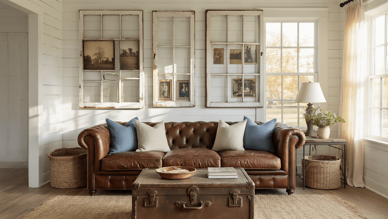 A sunlit farmhouse living room with a gallery wall of vintage window frames displaying family photos, featuring a leather Chesterfield sofa, an antique trunk coffee table with wildflowers, and exposed wooden beams, captured in warm, golden hour light.