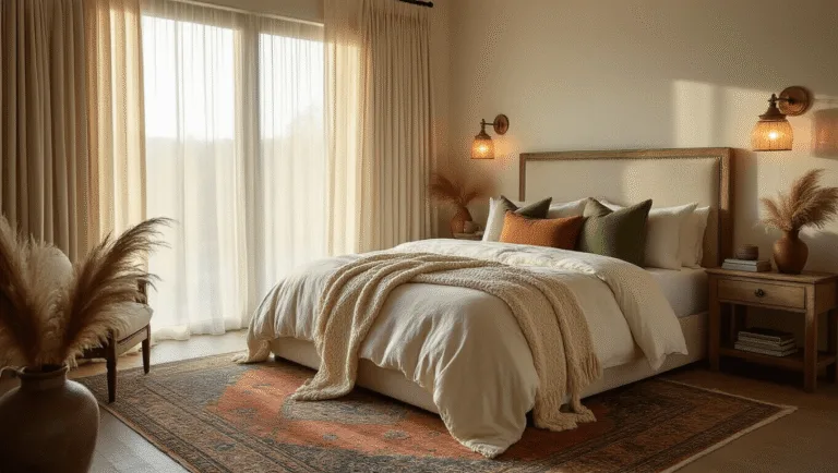 A luxurious master bedroom featuring a king-sized bed with ivory sheets, decorated with a chunky knit throw and accent pillows. Warm golden light filters through linen curtains, illuminating weathered oak furniture and a vintage Persian rug. Decorative elements include bedside tables with art books and ceramic vases of pampas grass, all captured in a wide-angle view.