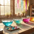 Photorealistic craft studio with sun-drenched lighting, featuring a U-shaped wooden table filled with colorful marbling materials, vibrant paint swirls in water, art supplies, pastel streamers, and a vintage ladder with plants, captured in 8K resolution.