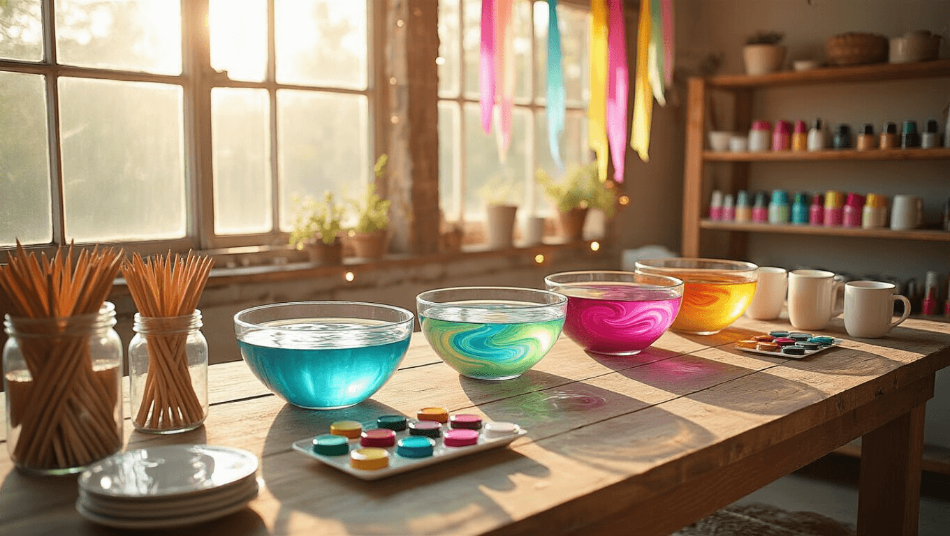 Photorealistic craft studio with sun-drenched lighting, featuring a U-shaped wooden table filled with colorful marbling materials, vibrant paint swirls in water, art supplies, pastel streamers, and a vintage ladder with plants, captured in 8K resolution.