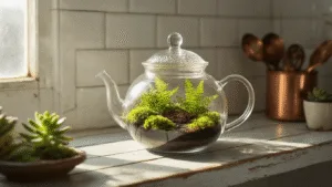 Terrarium Magic: Unleash Your Creativity with These Stunning DIY Ideas A vintage glass teapot terrarium filled with miniature ferns and emerald moss, illuminated by soft morning sunlight, set against white subway tiles and a weathered wooden shelf.
