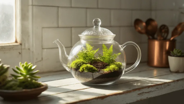 A vintage glass teapot terrarium filled with miniature ferns and emerald moss, illuminated by soft morning sunlight, set against white subway tiles and a weathered wooden shelf.