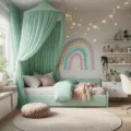 Photorealistic render of a dreamy teen bedroom featuring a mint green canopy bed, pastel rainbow wall decals, a cozy reading nook, fairy lights, and a forest-inspired mural, all bathed in soft afternoon sunlight with cinematic depth of field.