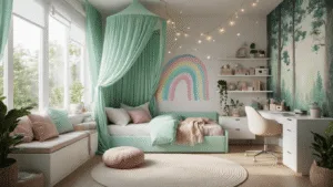 Toca Boca Bedroom Design: Creating Magical and Playful Spaces in Your Virtual World Photorealistic render of a dreamy teen bedroom featuring a mint green canopy bed, pastel rainbow wall decals, a cozy reading nook, fairy lights, and a forest-inspired mural, all bathed in soft afternoon sunlight with cinematic depth of field.