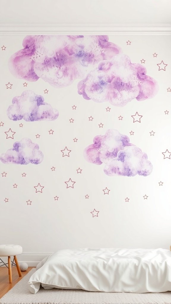 50 Stunning Purple Wallpaper Ideas for Your Home Decor A wall with whimsical purple clouds and stars, creating a dreamy atmosphere.