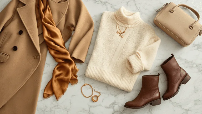A flat lay of a winter wardrobe on a marble surface, featuring a cream cashmere sweater, camel coat, chocolate leather boots, rust-toned silk scarf, gold jewelry, and a beige handbag, all bathed in warm golden morning light.