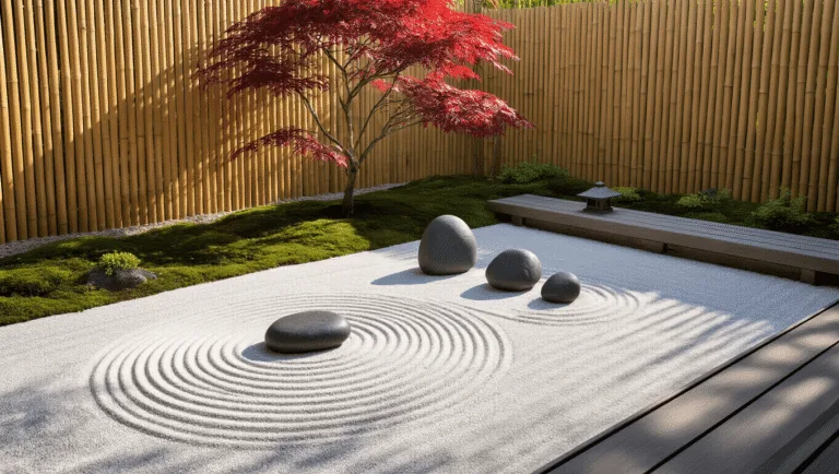 A serene Japanese-inspired Zen garden at sunrise, featuring raked white sand, dark river rocks, a stone lantern, and a dwarf maple tree, with a wooden meditation bench and soft morning mist creating an ethereal atmosphere.