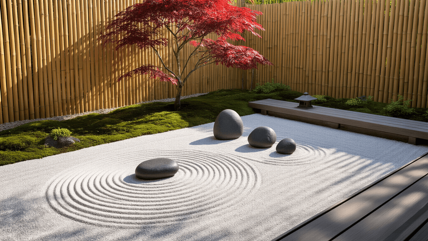 A serene Japanese-inspired Zen garden at sunrise, featuring raked white sand, dark river rocks, a stone lantern, and a dwarf maple tree, with a wooden meditation bench and soft morning mist creating an ethereal atmosphere.
