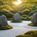 A serene Japanese rock garden at golden hour featuring three weathered granite boulders in raked white gravel, surrounded by low-growing succulents and moss, with dappled sunlight filtering through maple branches and morning mist hovering above.