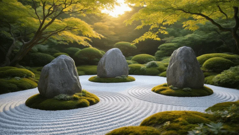 A serene Japanese rock garden at golden hour featuring three weathered granite boulders in raked white gravel, surrounded by low-growing succulents and moss, with dappled sunlight filtering through maple branches and morning mist hovering above.