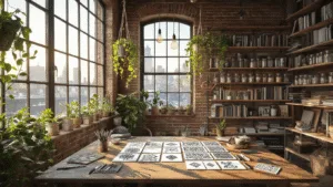 DIY Zentangle Magic: Unlock Your Inner Artist with These Awesome Projects Photorealistic image of a sun-drenched artist's loft with exposed brick walls and large industrial windows. A weathered wooden worktable is filled with Zentangle supplies, surrounded by bookshelves and art displays. Macramé plant hangers and warm Edison bulb lights enhance the cozy atmosphere.