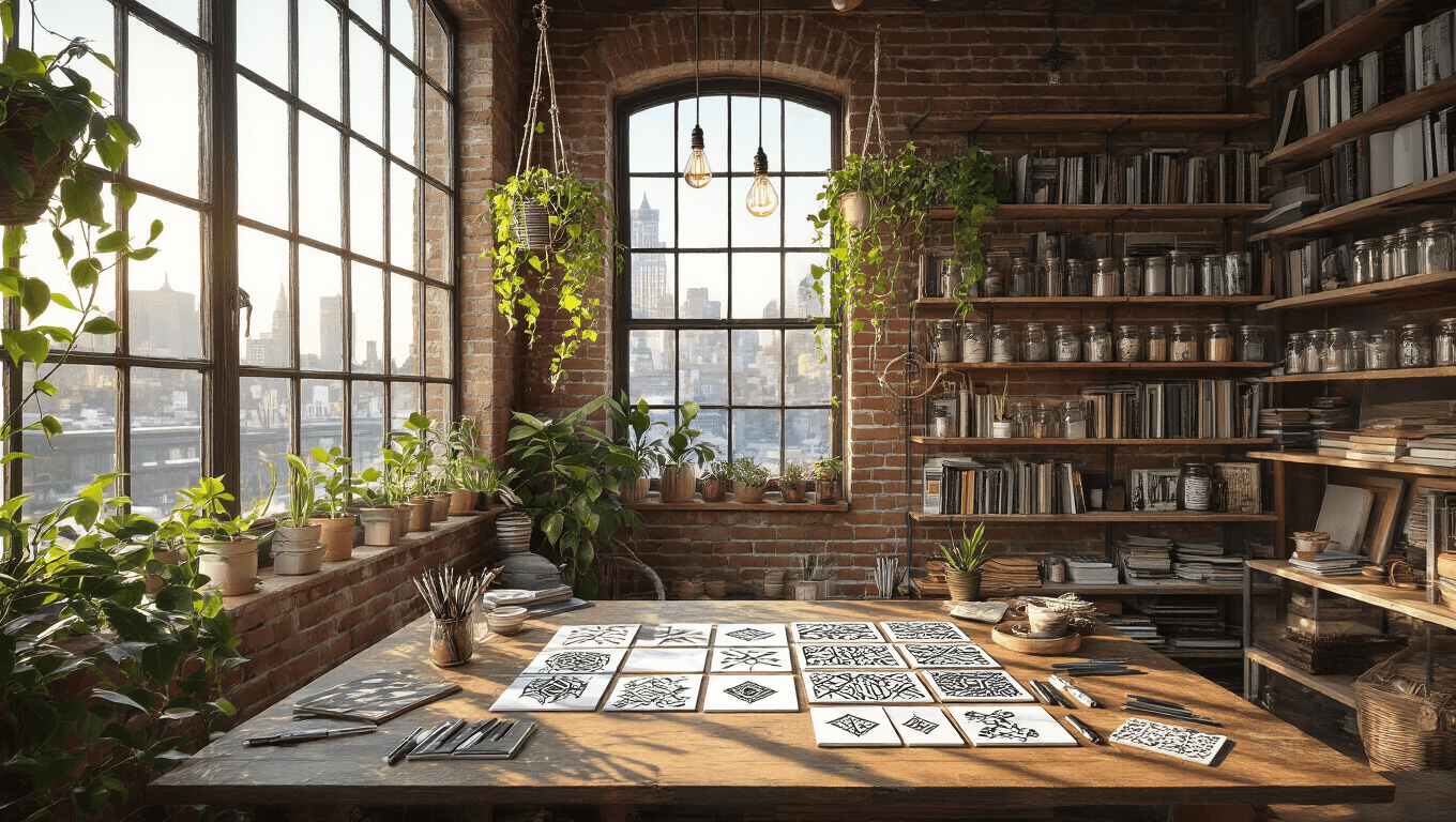 Photorealistic image of a sun-drenched artist's loft with exposed brick walls and large industrial windows. A weathered wooden worktable is filled with Zentangle supplies, surrounded by bookshelves and art displays. Macramé plant hangers and warm Edison bulb lights enhance the cozy atmosphere.