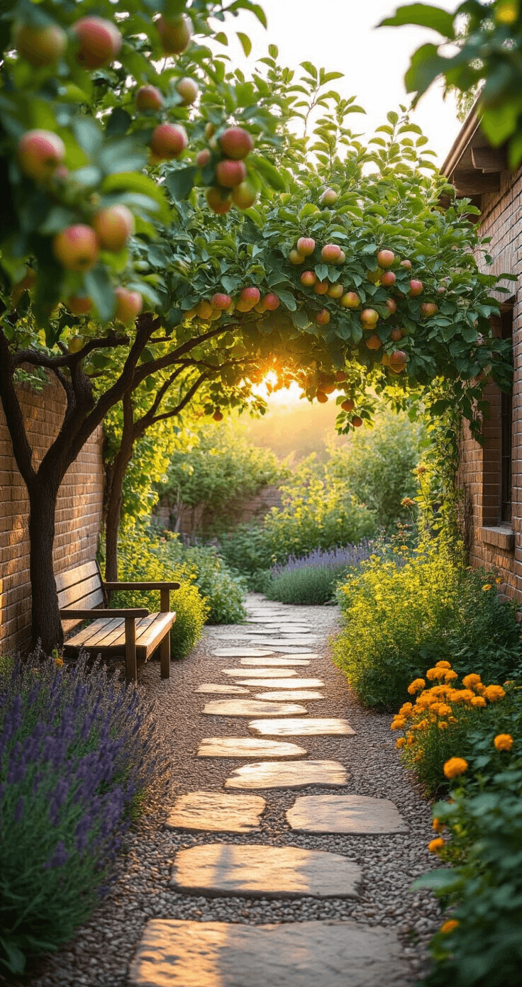 A wide-angle shot of a tranquil backyard fruit garden at golden hour, featuring espaliered apple trees against a weathered brick wall, dappled sunlight illuminating ripening fruit, bordered by purple sage and golden marigolds along a crushed granite path, with a focus on the textured bark and glossy leaves of a central tree, and natural stone pavers leading to a rustic wooden bench.