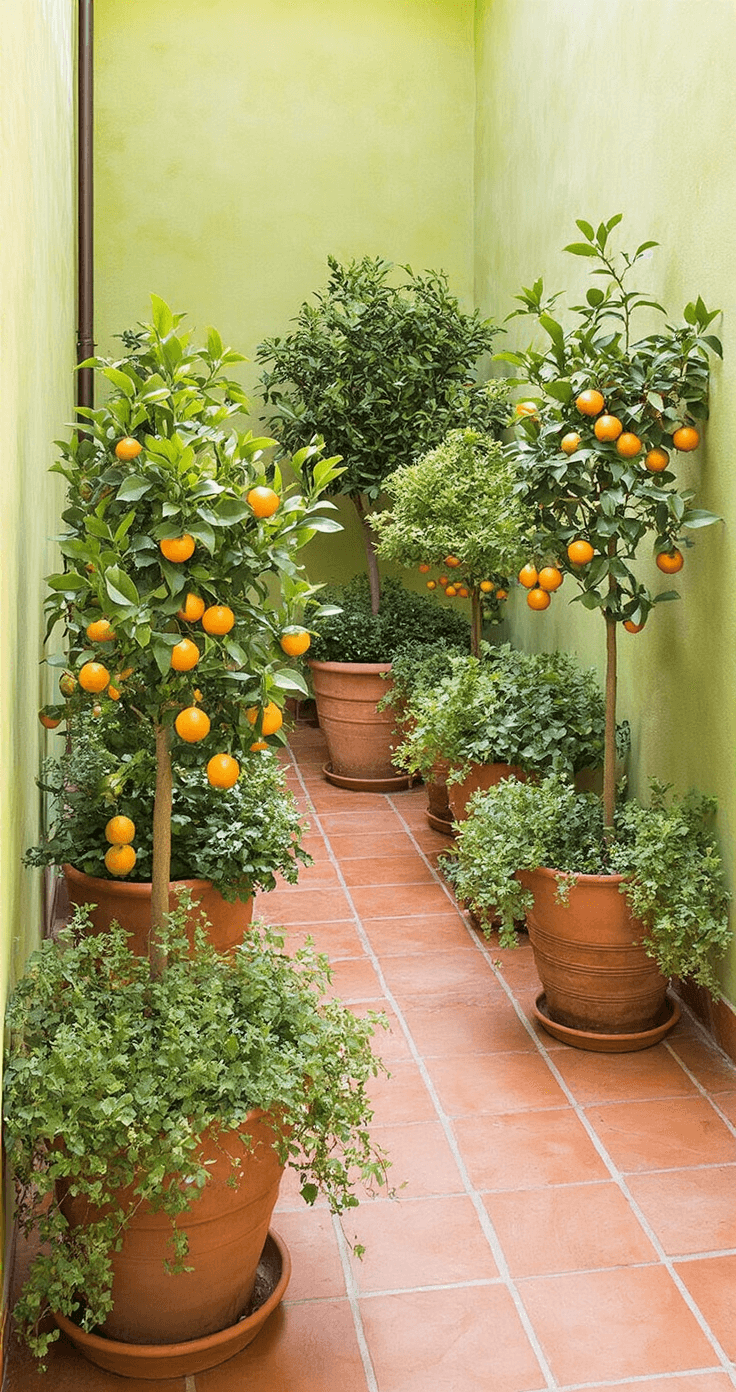 Intimate courtyard garden with potted dwarf citrus trees in terracotta containers, cascading herbs in copper planters, warm terracotta tile flooring, and lime-washed walls, captured in mid-morning light with a bokeh effect.