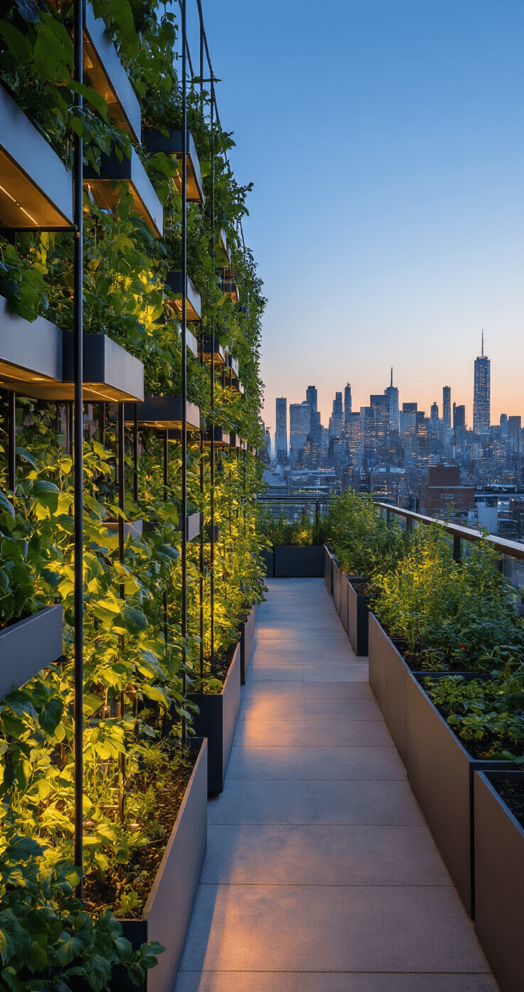 Modern urban rooftop garden at twilight featuring vertical growing systems with steel cables and minimalist planters, dwarf fruit trees in geometric containers, illuminated by LED uplighting against a city skyline.