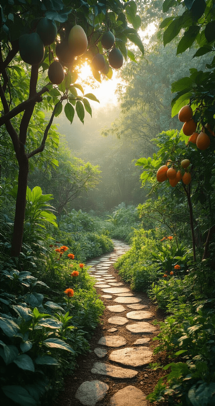 A wide establishing shot of a subtropical food forest at 7am, showcasing a 50x60ft layered garden with avocado, papaya, and guava trees, surrounded by edible herbs and flowering companion plants. Morning dew glistens on spider webs, while a natural stone pathway winds through the lush ecosystem.
