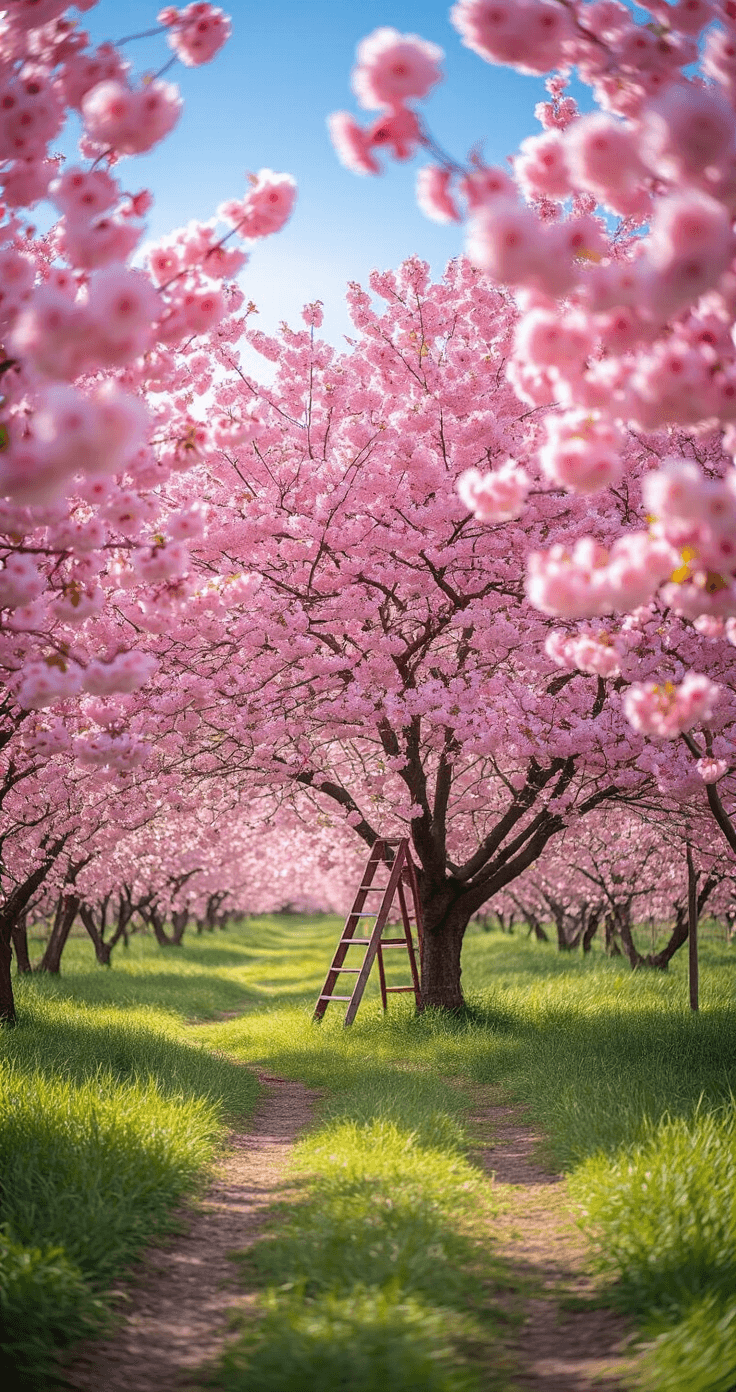 Low-angle shot of a cherry blossom orchard in peak bloom, featuring pink blossoms against a blue sky, with morning light backlighting the petals. A grassy pathway winds through the traditional layout, with a vintage ladder leaning against a central tree, all captured in a soft focus.
