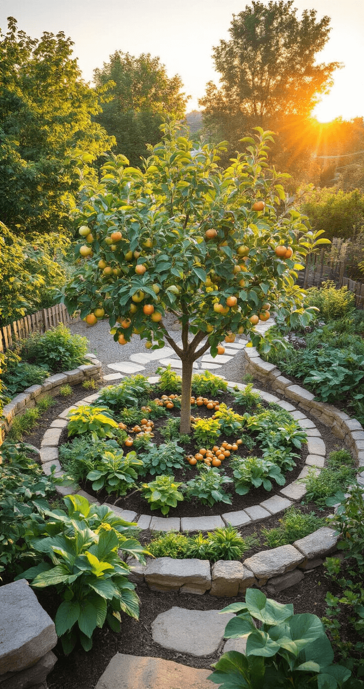 Permaculture garden design at sunset featuring a circular design with a central dwarf apple tree surrounded by companion plants, natural stone retaining walls, and golden hour light enhancing foliage textures.