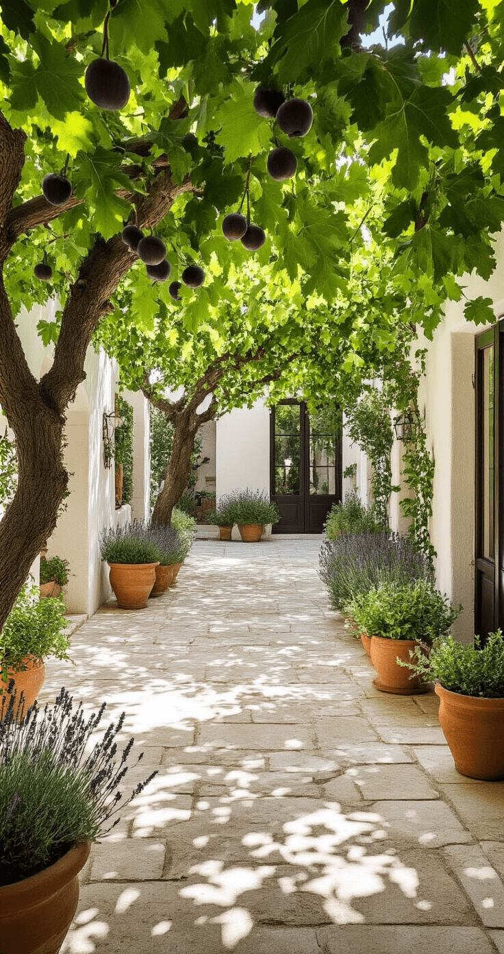 High angle view of a Mediterranean-style courtyard featuring ancient olive trees and espaliered fig trees against whitewashed walls, dappled shade patterns on limestone pavers, and terra cotta pots with lavender and rosemary, all under a soft sail shade at midday.