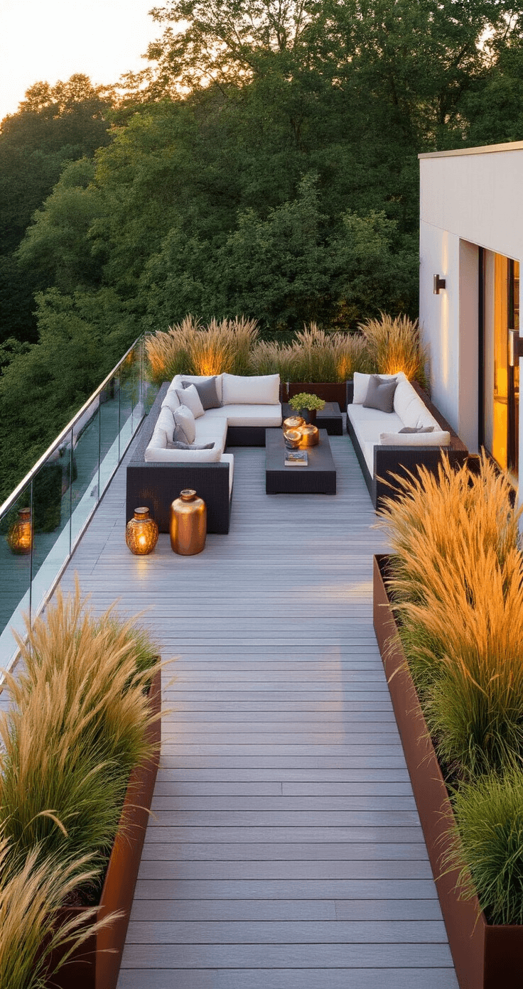 A modern upper-level garden terrace at golden hour, featuring a charcoal outdoor sectional with cream cushions, bronze side tables, and Corten steel planters with ornamental grasses, overlooking lower gardens with a glass balustrade and warm light from copper lanterns.