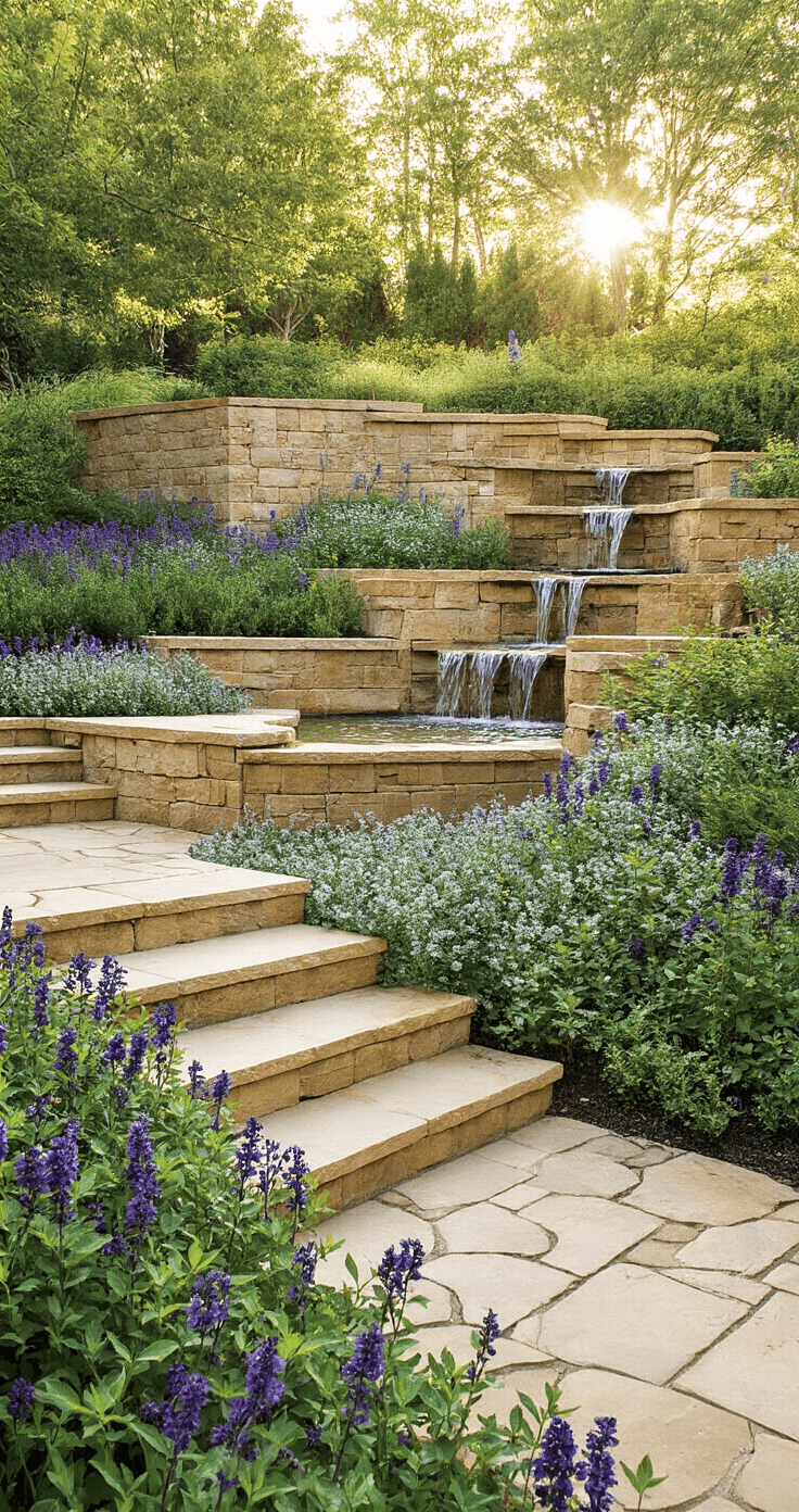 Wide-angle view of a 3-tiered garden with honey-colored limestone walls, irregular stone steps, purple and silver perennials, and a central water feature with three gentle falls, captured from a lower level looking up.