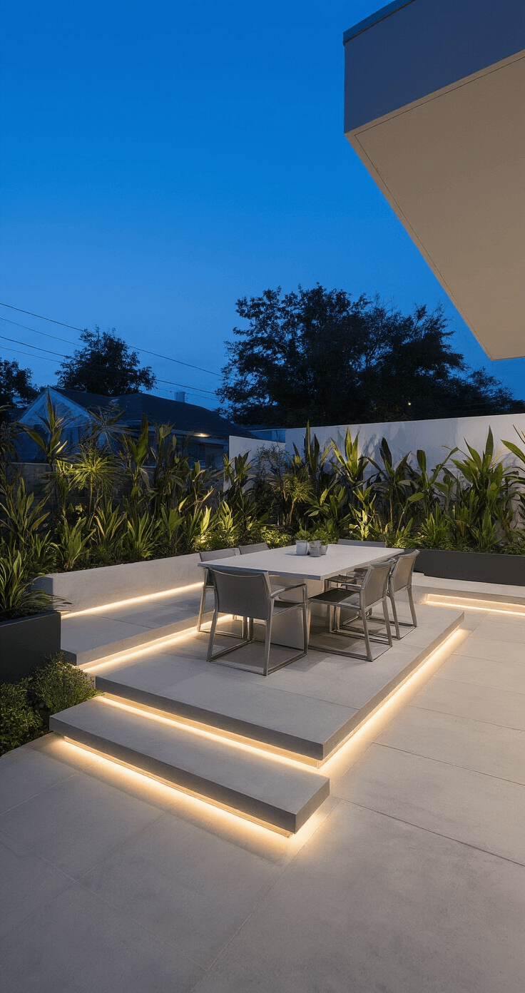 A modern dining terrace at dusk, featuring a minimalist concrete platform with an 8-person brushed aluminum dining set. Integrated LED strip lighting highlights floating steps, while contemporary container gardens with architectural plants add depth. The color palette includes cool grays, white, and deep green.