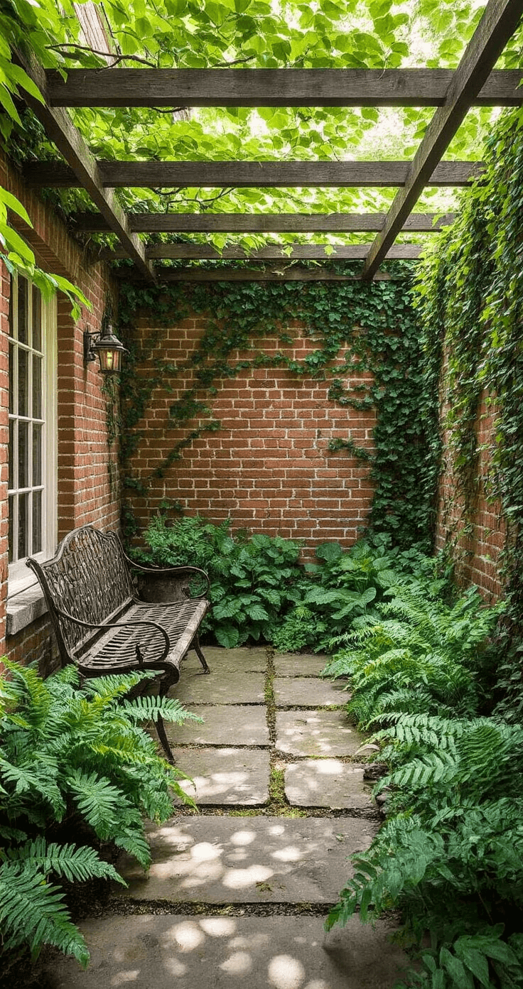 An intimate garden room with brick walls covered in Boston ivy, featuring a vintage iron bench surrounded by ferns and hostas. Dappled sunlight filters through a pergola, highlighting aged copper accents and moss-covered stones in a serene, sanctuary-like setting.