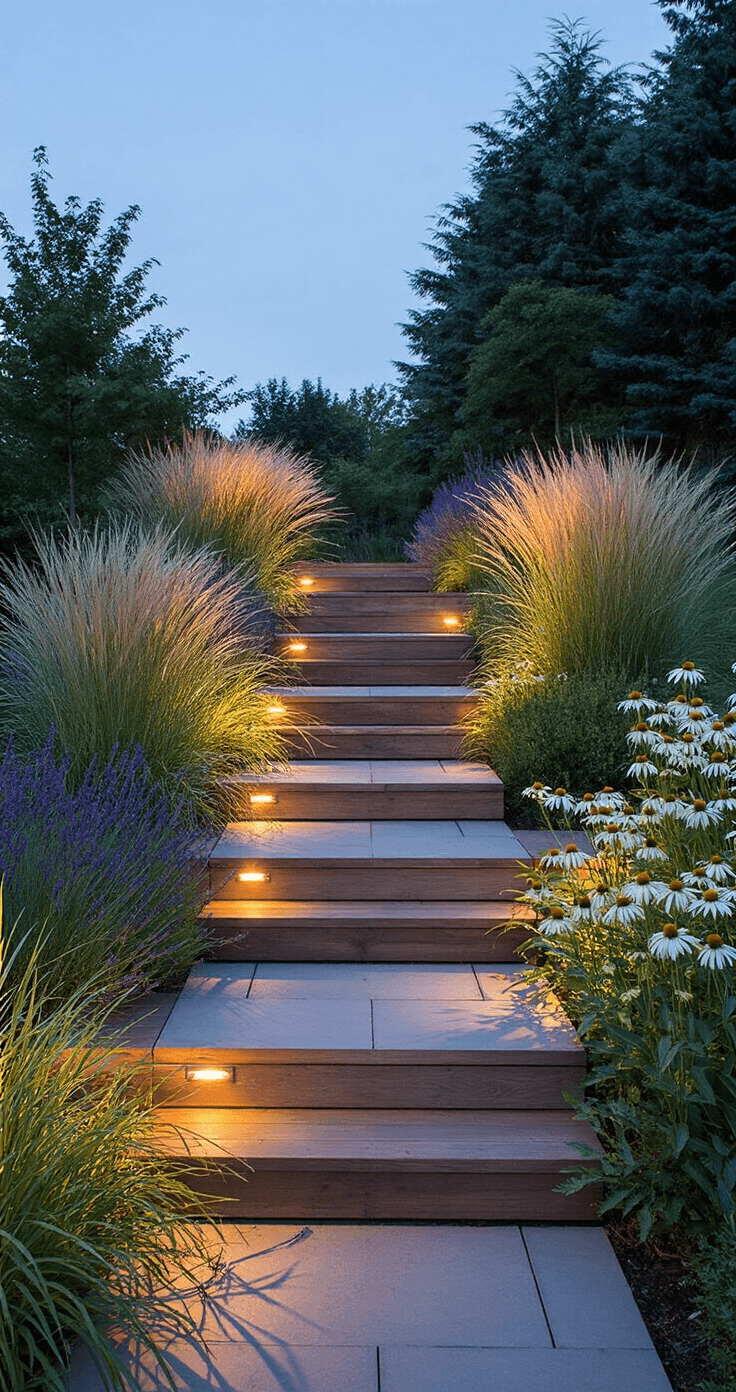 Dramatic evening view of a tiered garden featuring pressure-treated timber steps bordered by illuminated grasses and flowering perennials, with path lights guiding the central axis, highlighting Mexican feather grass, lavender, and white echinacea against warm-toned hardscape.