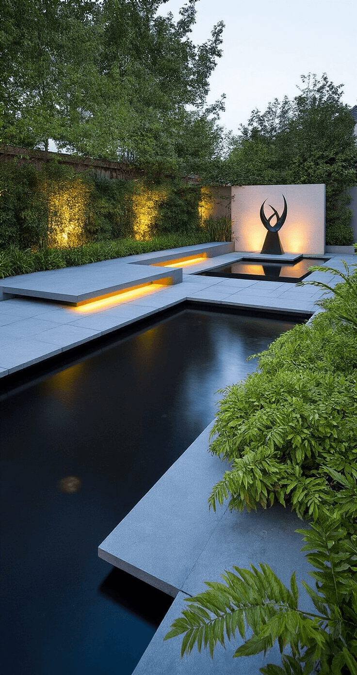 A contemporary water garden at blue hour, featuring a black reflecting pool with floating geometric concrete platforms, strategically uplit architectural plants in a monochromatic green palette, and a modern sculpture as the focal point, captured with long exposure to highlight water reflections.