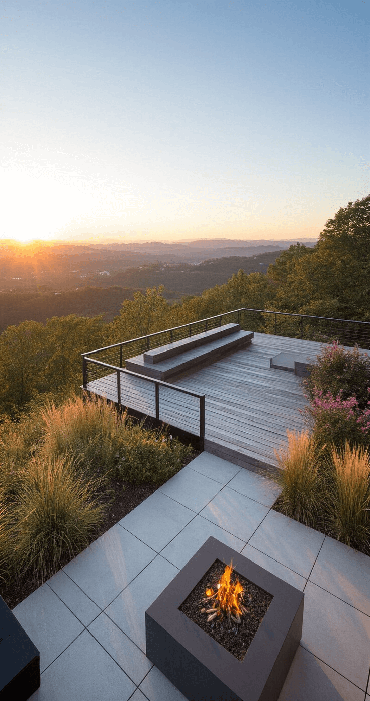 Elevated timber platform with built-in seating at sunset, surrounded by ornamental grasses and flowering shrubs, featuring a warm glow from an integrated fire pit, framed by panoramic valley views, constructed with silvered cedar, blackened steel, and textured concrete.