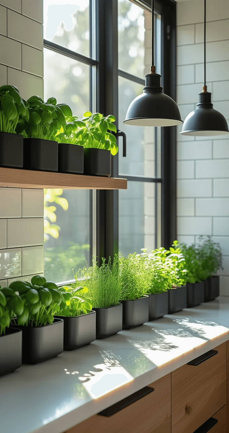 A modern minimalist kitchen featuring a west-facing herb garden window with fresh basil, chives, and parsley in matte black ceramic planters on white quartz countertops. The space is illuminated by late afternoon golden light, with floor-to-ceiling windows and industrial-style pendant lights above. Natural wood accents contrast the white subway tile backsplash.