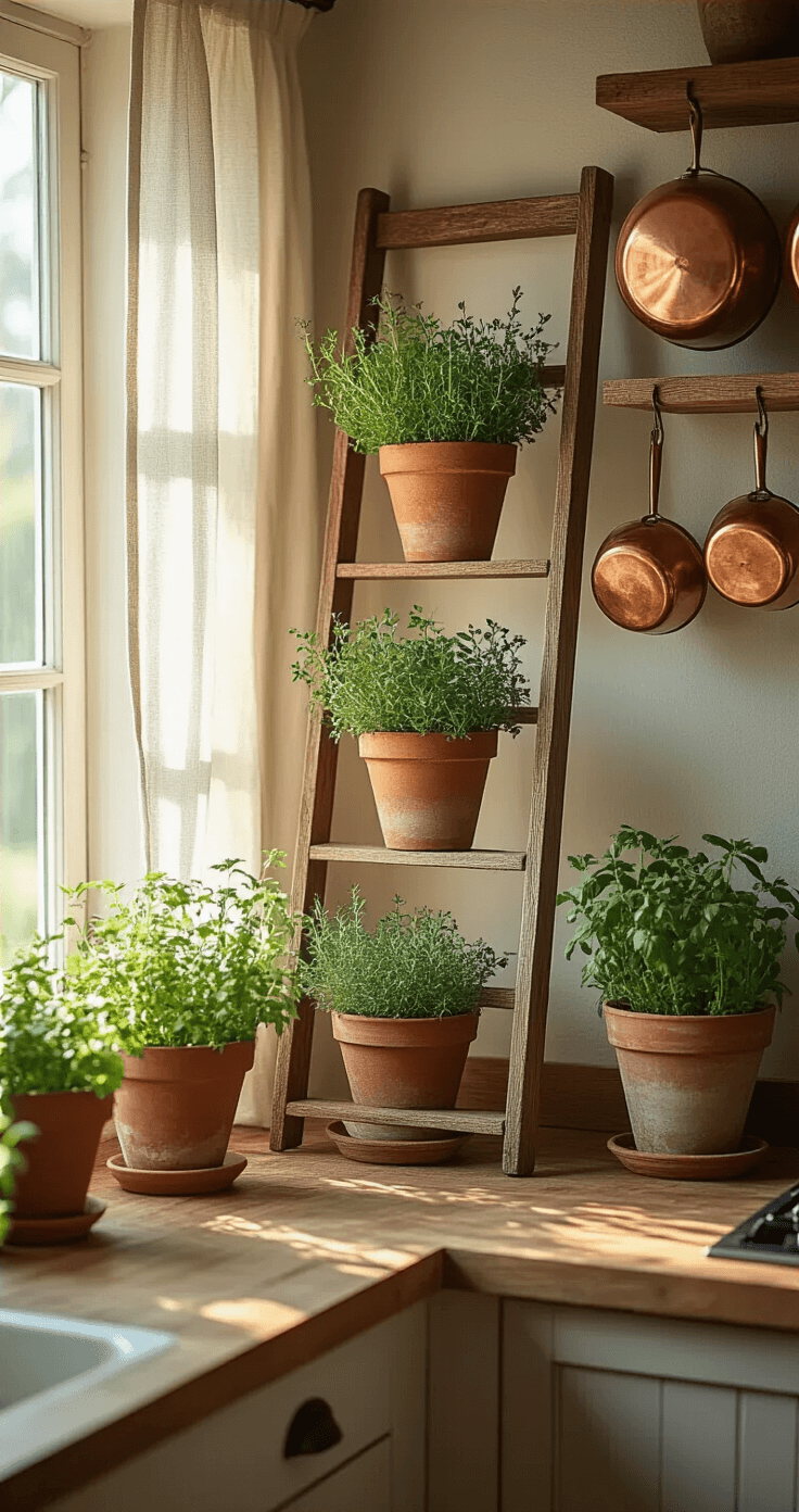 Rustic farmhouse kitchen corner with a vintage wooden ladder-style herb stand, terracotta pots of Mediterranean herbs, copper cookware, and weathered wooden countertops, captured from a 45-degree angle in soft diffused morning light.