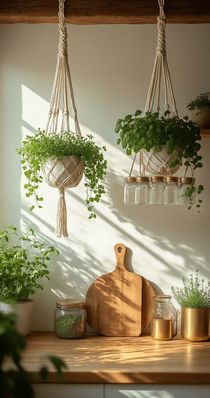 A bohemian-style kitchen with macramé plant hangers holding glass herb containers, dappled morning light creating shadows on white walls, vintage wooden cutting boards, and brass accents, viewed from below to highlight trailing herbs and exposed wooden ceiling beams.