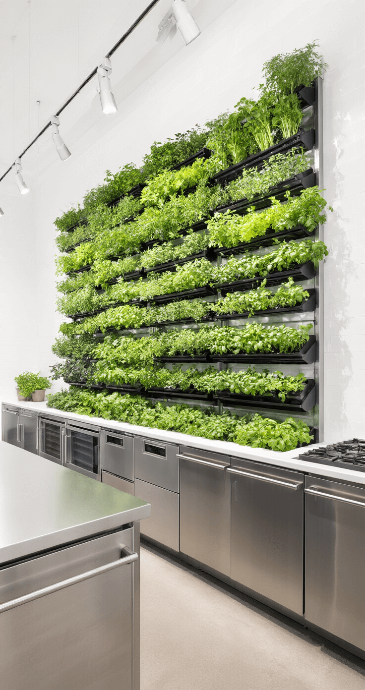 Professional-grade kitchen featuring a built-in herb wall system with multiple tiers of hydroponically grown culinary herbs in black containers, contrasted by industrial stainless steel appliances and illuminated by overhead track lighting that casts dramatic shadows.