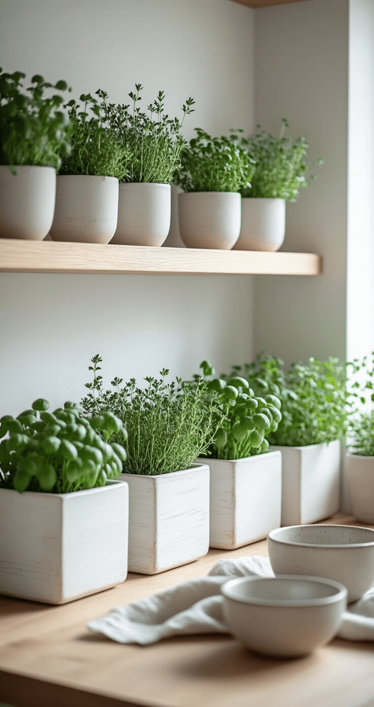 A Scandinavian-inspired kitchen nook featuring minimalist floating shelves adorned with a geometric herb collection, illuminated by winter morning light. White-washed wooden planters hold the herbs, complemented by simple ceramic bowls and textured linen textiles, captured in shallow depth of field.