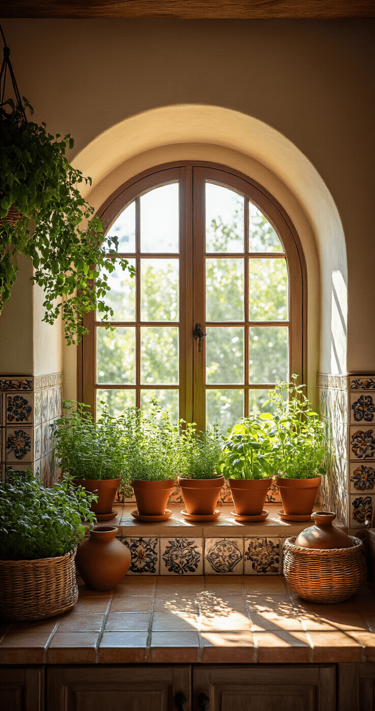 Mediterranean-style kitchen with arched window alcove full of terracotta-potted herbs, bathed in late morning sunlight casting warm shadows, surrounded by hand-painted tiles, woven baskets, and earthenware vessels, captured from a low angle to highlight the height of the window and cascading herbs.