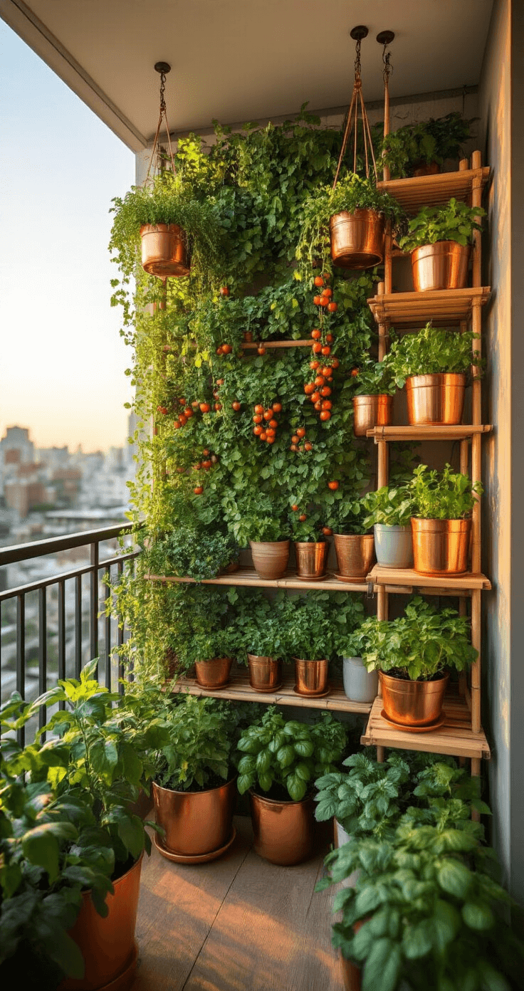 A sunlit urban balcony at golden hour, featuring a vertical garden of cascading herbs and cherry tomatoes on the left, copper hanging planters with trailing succulents, and tiered bamboo shelving displaying colorful ceramic pots of mint and basil, captured from a corner angle with soft bokeh on the city backdrop.