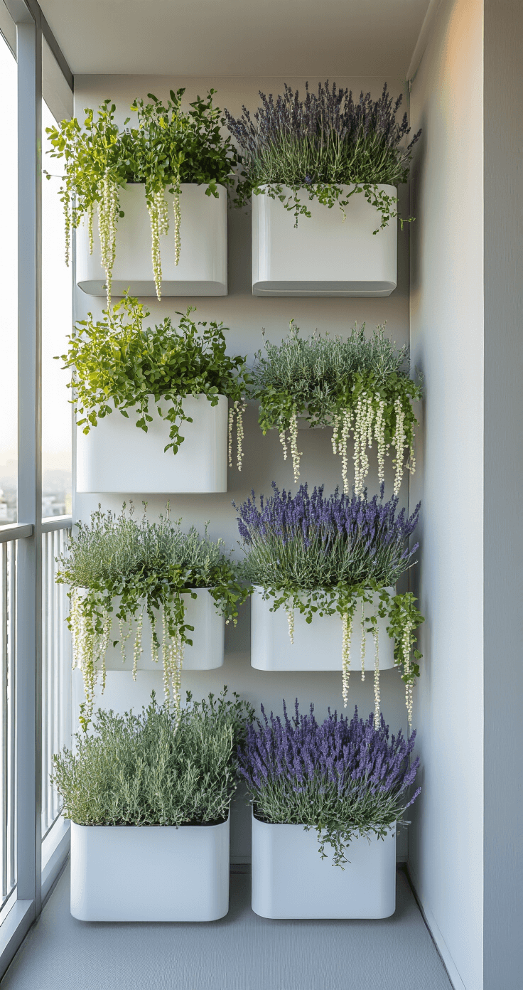 A serene morning scene on a 5x7ft balcony, featuring modern white fiberglass containers with drought-resistant lavender and rosemary arranged in geometric patterns, and minimalist grey metal wall-mounted planters showcasing cascading strings of pearls. The image captures natural diffused lighting with dew drops on leaves, emphasizing the vertical garden elements in cool tones, shot from a doorway perspective at the blue hour.