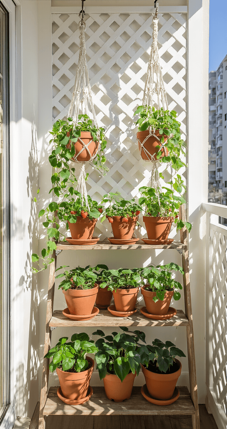 Aerial view of a cozy 4x6ft balcony in afternoon sunshine, featuring a rustic wooden ladder shelf with terra cotta pots of strawberries and dwarf beans, macramé plant hangers with trailing pothos, and a white lattice screen casting dappled shadows.