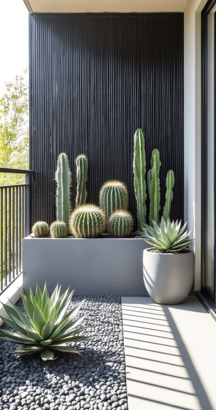 A zen-inspired balcony featuring grey concrete planters with sculptural cacti and agave, surrounded by black bamboo screens. The scene includes stone pebble mulch and dramatic shadows cast by direct sunlight, captured mid-morning with a telephoto lens.