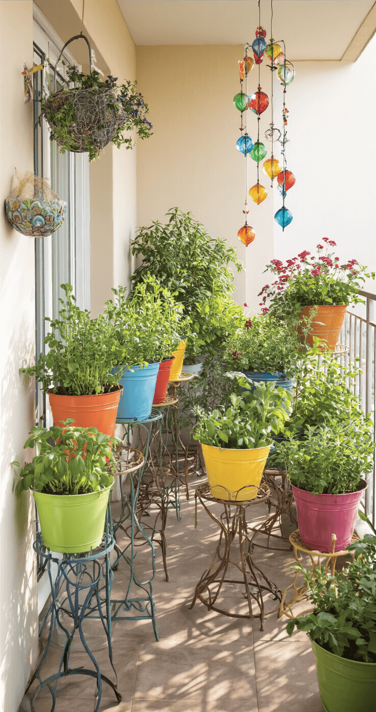 A vibrant balcony filled with colorful lightweight plastic planters of Mediterranean herbs, featuring vintage metal plant stands at different heights, colorful glass wind chimes, and bathed in soft afternoon light, captured from a diagonal angle for depth and visual appeal.