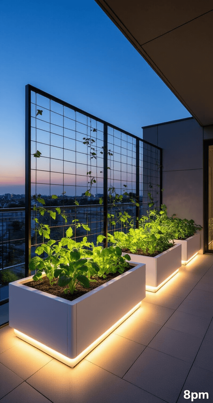 A modern 8x10ft balcony at twilight featuring sleek white fiberglass raised beds with a productive vegetable garden, illuminated by integrated LED uplighting. A minimalist steel wire trellis supports climbing beans, with a wide-angle view showcasing the entire transformed space with dramatic mixed natural and artificial lighting.