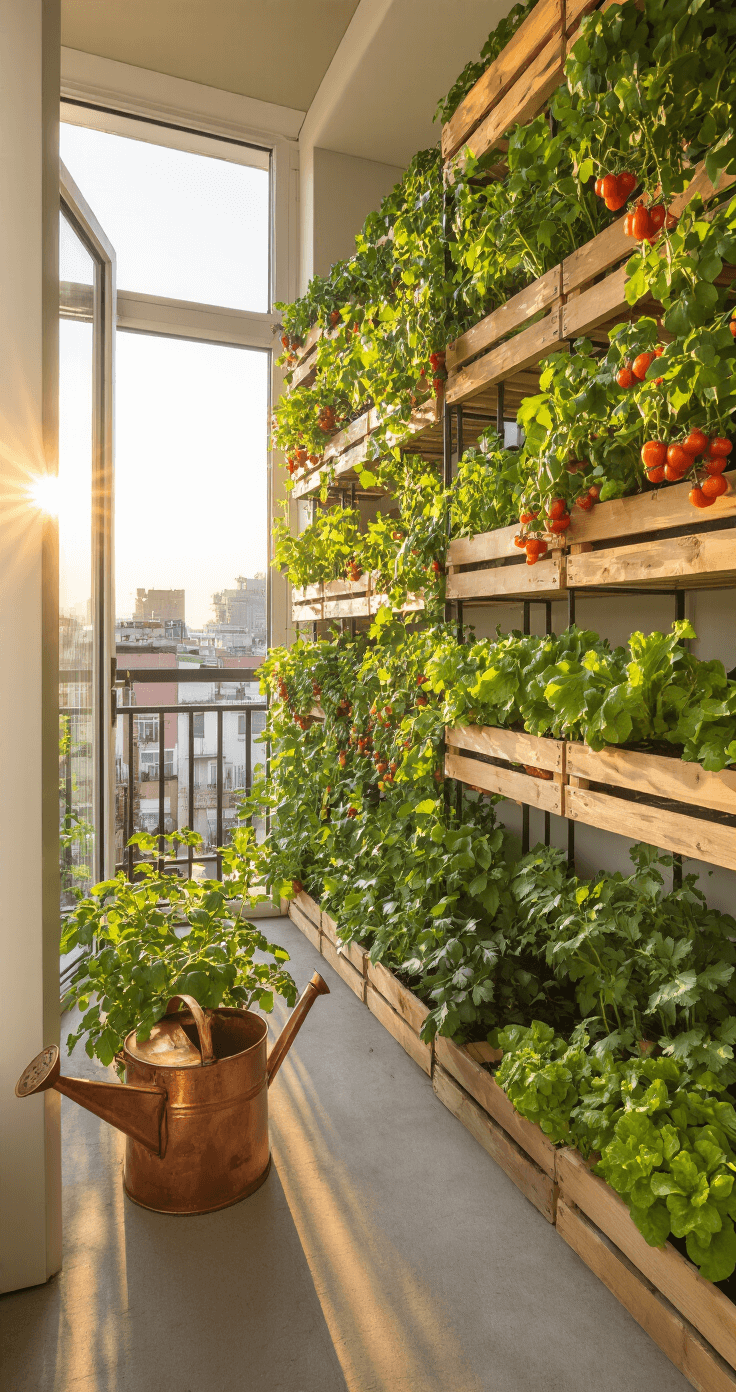 A sunlit urban balcony filled with vibrant cherry tomatoes and cascading herbs in wooden crate planters, alongside a galvanized metal vertical garden with lettuce and strawberries. The vintage copper watering can glistens in the warm evening light, viewed through floor-to-ceiling glass doors.