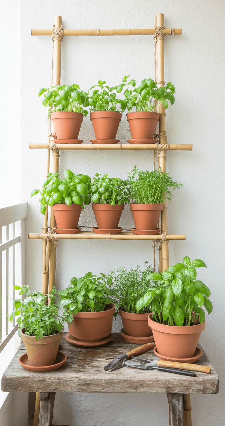 Intimate morning scene of a balcony corner featuring a bamboo shelving unit against a whitewashed wall, showcasing terracotta pots of basil, parsley, and mint with dew drops, soft morning light, jute twine trellises supporting pea shoots, and a weathered wooden stool with gardening tools.