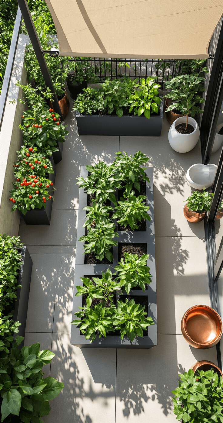 Overhead drone shot of a 10x14ft balcony featuring mixed container gardens with dark slate planters, white ceramic pots, and copper vessels. Dwarf pepper plants with bright red fruits contrast against deep green leaves, all arranged in a modern metal grid system under a translucent shade sail.