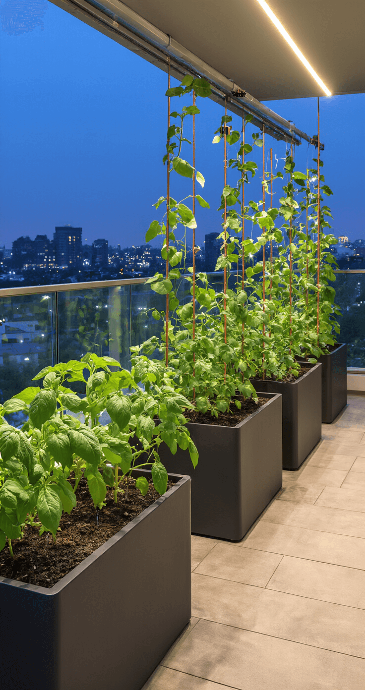 Twilight view of a balcony featuring a modern irrigation system, illuminated by LED strip lighting, showcasing self-watering containers with thriving eggplants and pole beans climbing copper poles, and moisture meters in rich organic soil, with city lights twinkling in the background.