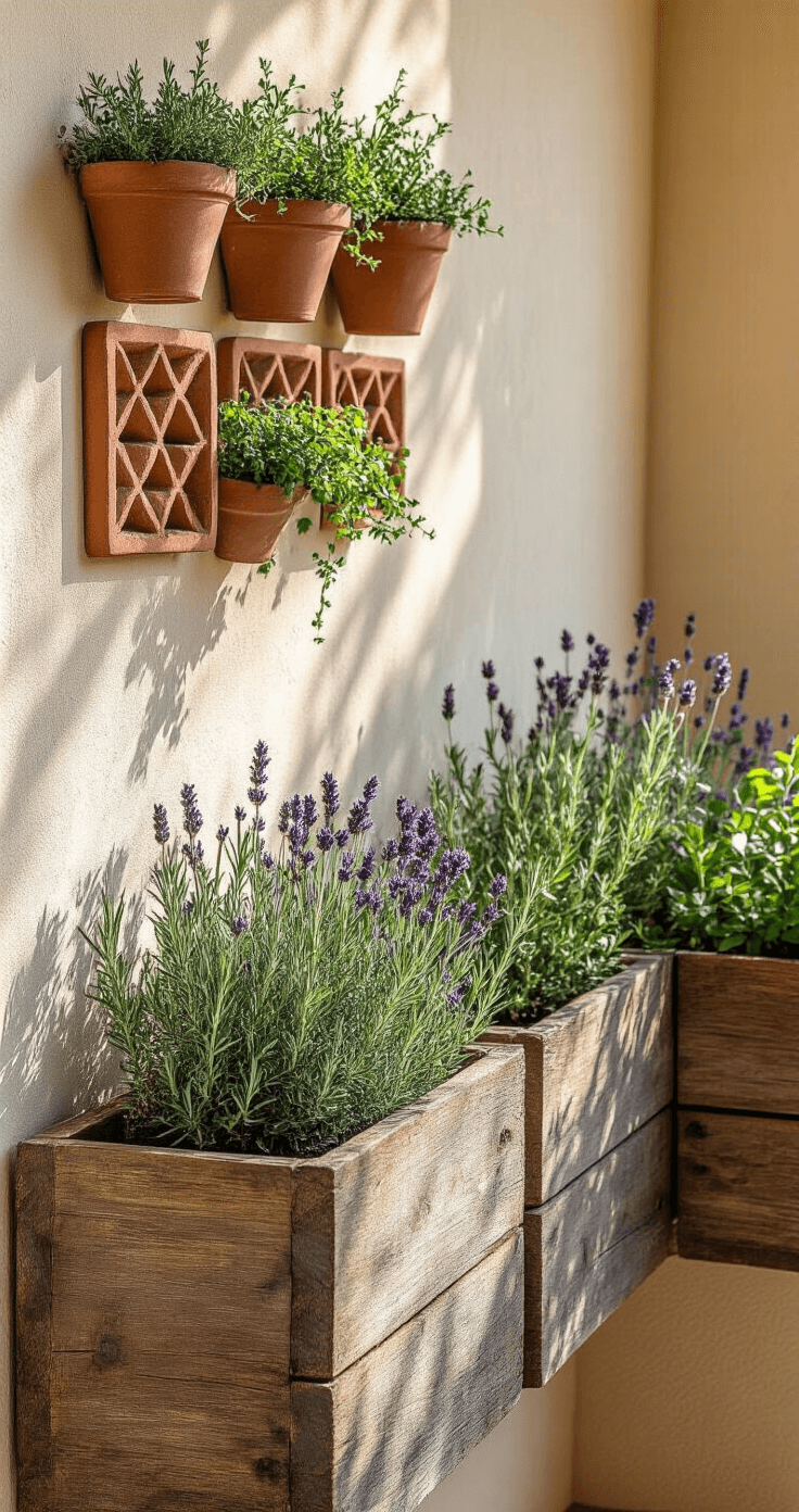 A sunlit corner of a Mediterranean-inspired balcony featuring rustic olive wood planter boxes with rosemary and lavender, terracotta wall-mounted herbs in a geometric pattern, vintage zinc containers with trailing thyme, and a textured stucco wall casting dramatic shadows.