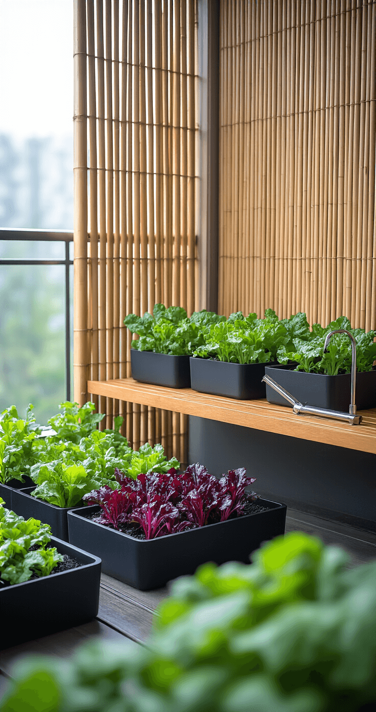 A minimalist Asian-inspired balcony garden at dawn, featuring black rectangular planters with young kale and beets in symmetrical arrangement, bamboo screening for wind protection, and sleek stainless steel watering tools on a floating teak shelf, with dew-covered leaves in sharp focus.